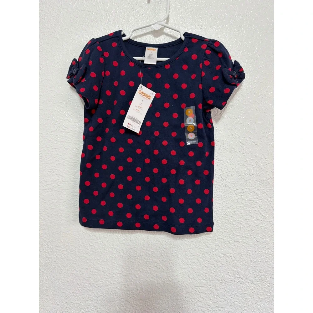 Gymboree Girls Navy Blue Red Polka Dot Bow Sleeve Cotton T-Shirt Size 5 NWT